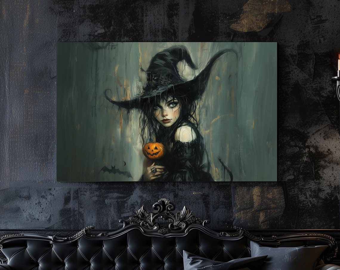 Dark Witch Girl Holding Pumpkin In Rain Spooky Halloween Poster