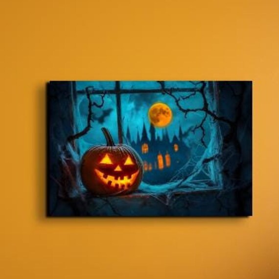 Jack O Lantern Glowing on Window Ledge Under a Teal Moonlit Night Poster
