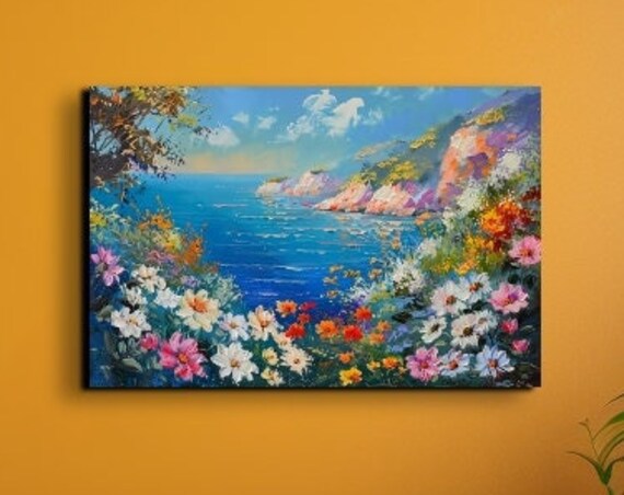 Wildflowers Above Blue Ocean Coastal Impressionist Art Poster