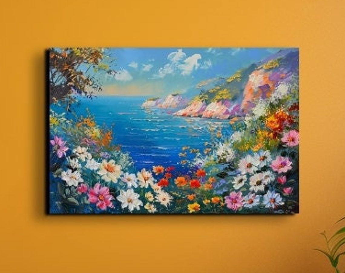 Wildflowers Above Blue Ocean Coastal Impressionist Art Poster