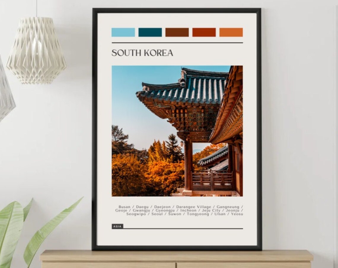 South Korea Temple Autumn Foliage Garden Color Block Travel Poster
