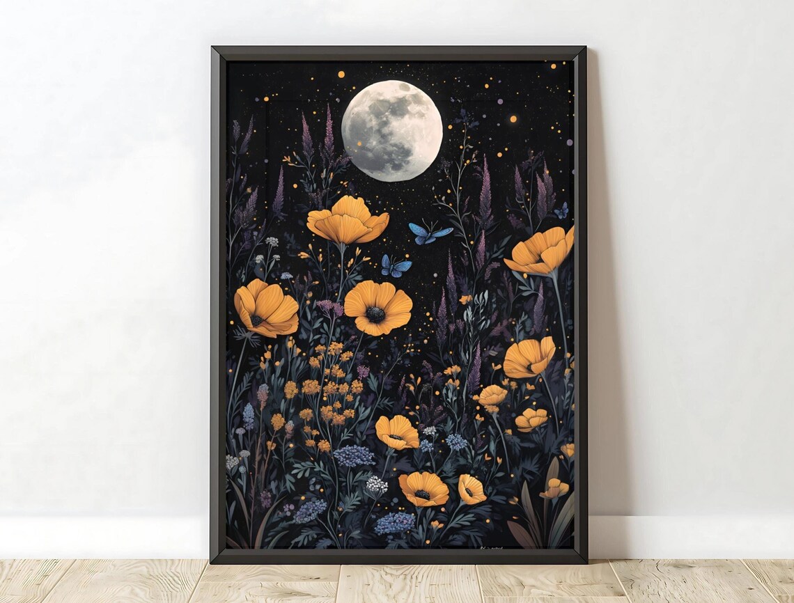 Full Moon Golden Poppies Night Meadow Fireflies Moody Wall Art Print