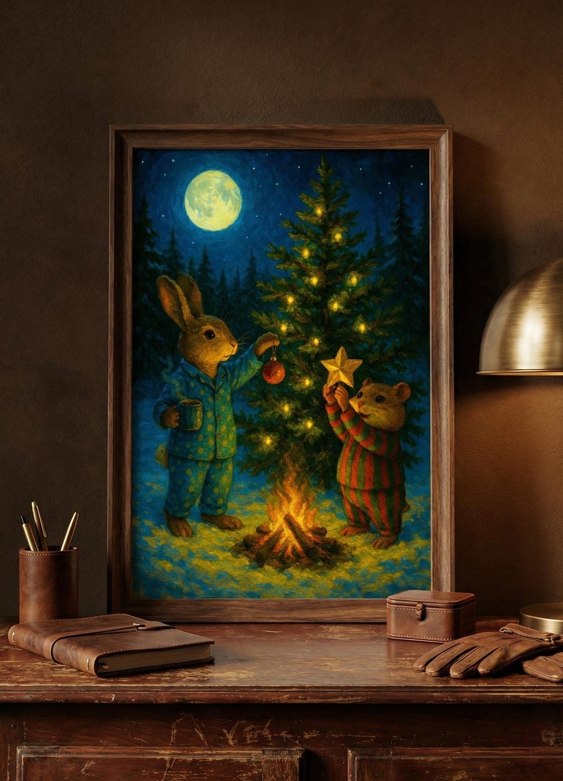 Bunny and Hamster in Pajamas Decorating a Christmas Tree Poster