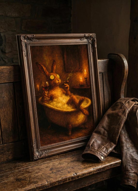Funny Rabbit Bathtub Oil Painting Print Vintage Bathroom Decor