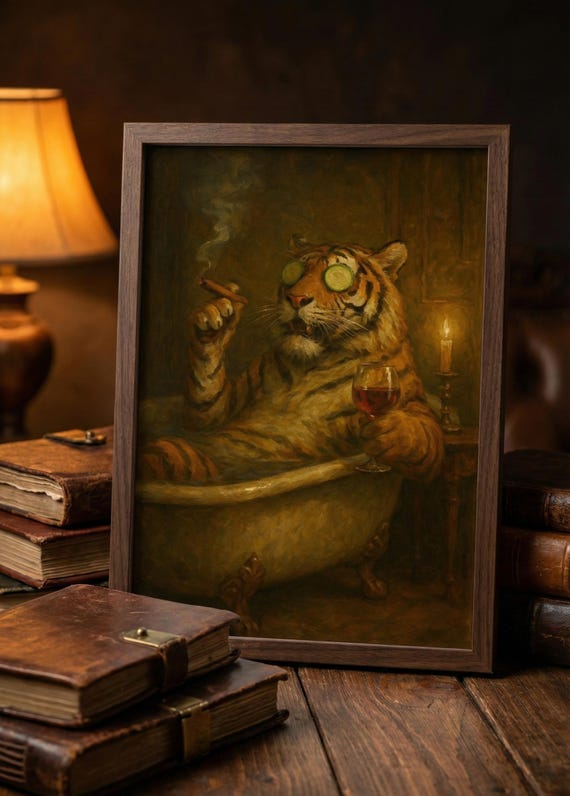 Tiger Luxury Surreal Bath Art Opulent Vintage Wall Decor Aristocratic Animal Illustration