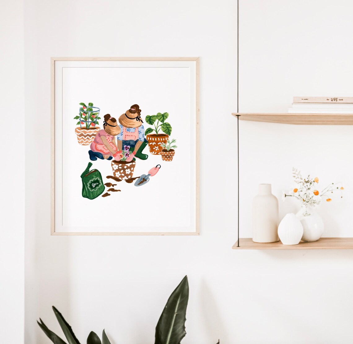 Mom And Daughter Gardening Watercolor Art Print - Image 4