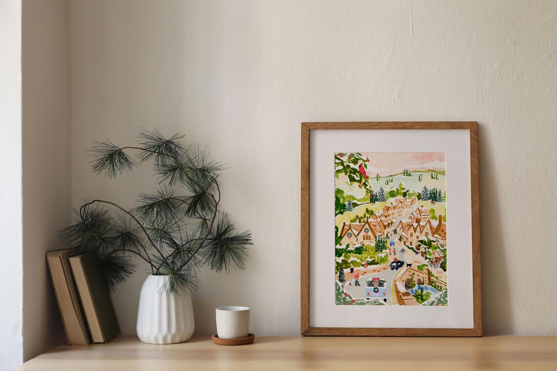 Cotswolds Winter Village Art Print, Holiday Decor - Image 3