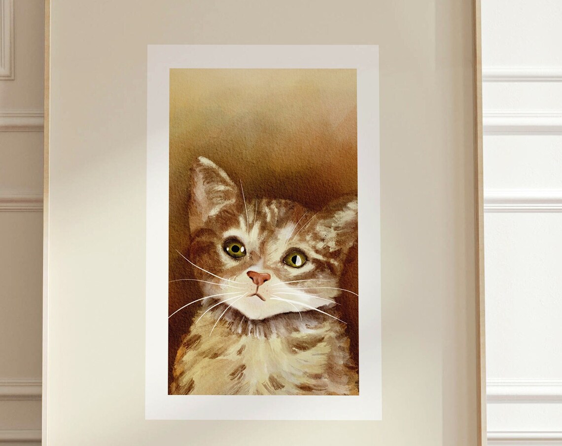 Cat Portrait, Vintage Hand Painted Cat Painting