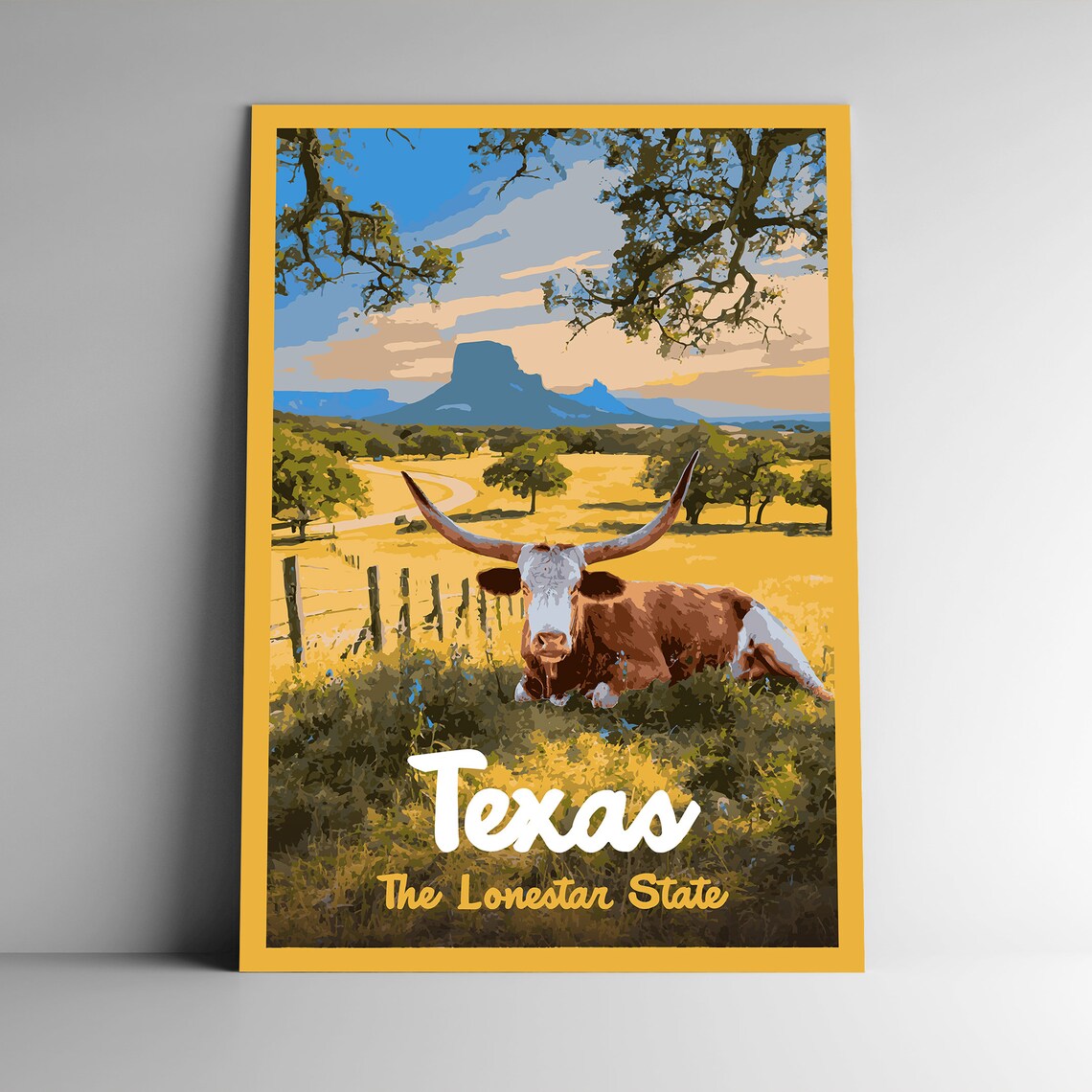 Texas Lonestar State Longhorn Cattle Ranch Vintage Travel Poster
