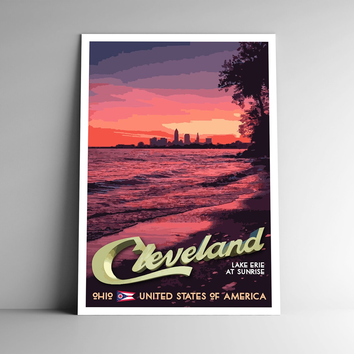 Cleveland Ohio Vintage Style Travel Poster, Lake Erie