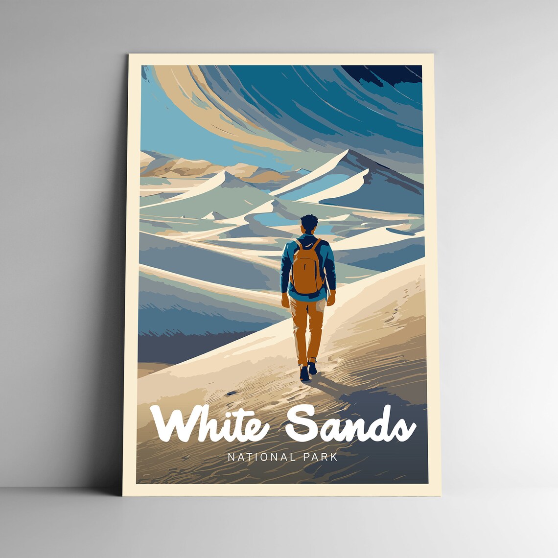 White Sands National Park Dunes Hiker Vintage Style Travel Poster