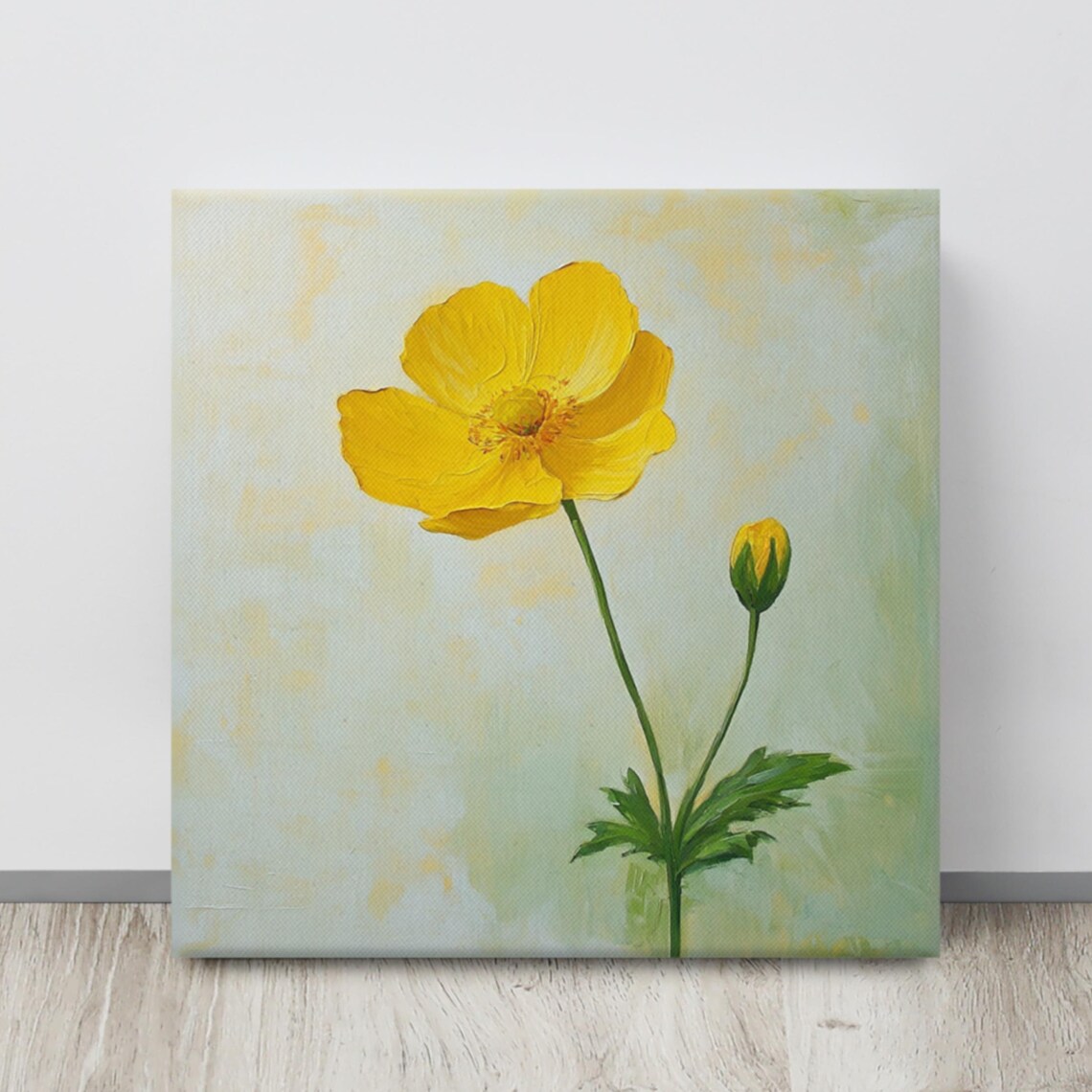 Yellow Buttercup Flower Minimalist Pale Green Botanical Wall Art Print