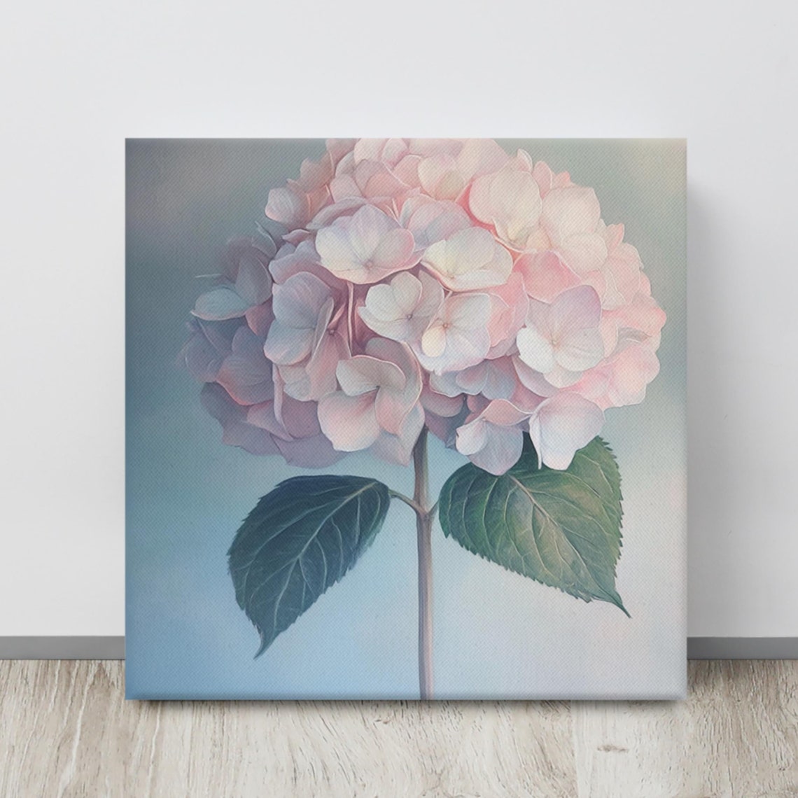 Pink Hydrangea Bloom On Stem Soft Blue Background Print Poster