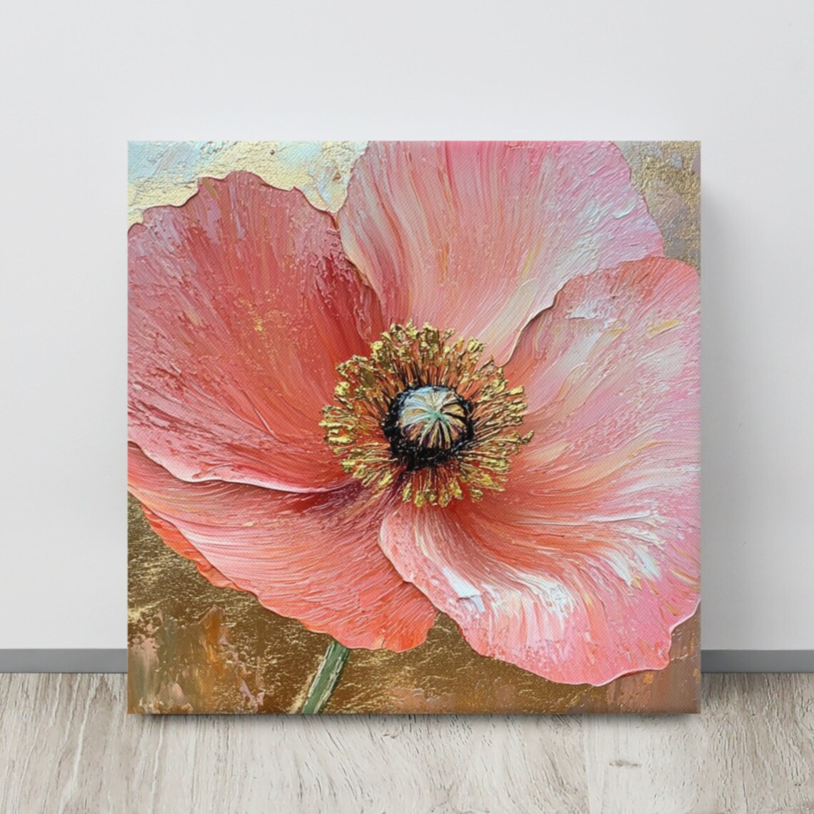 Pink Poppy Golden Stamens Impasto Textured Floral Art Poster