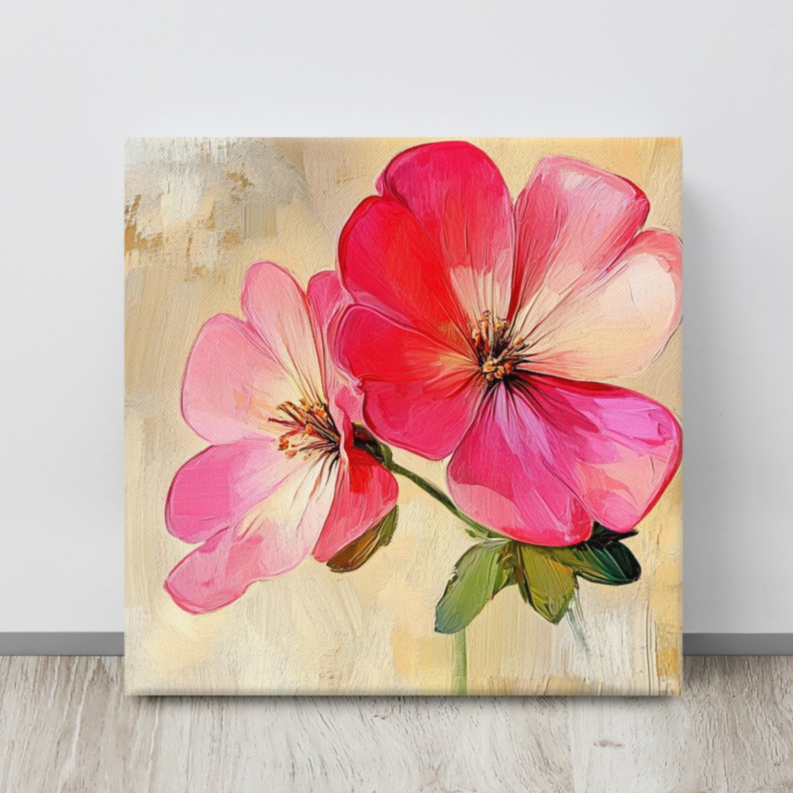 Pink Geranium Blossoms Cream Textured Background Painting Art Poster