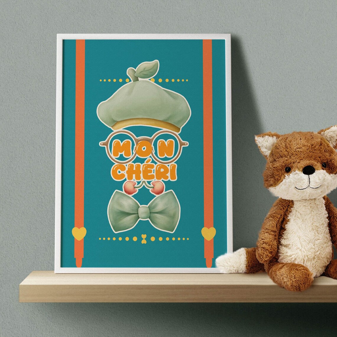 Mon Cheri French Beret Moustache Teal Orange Cute Typography Poster