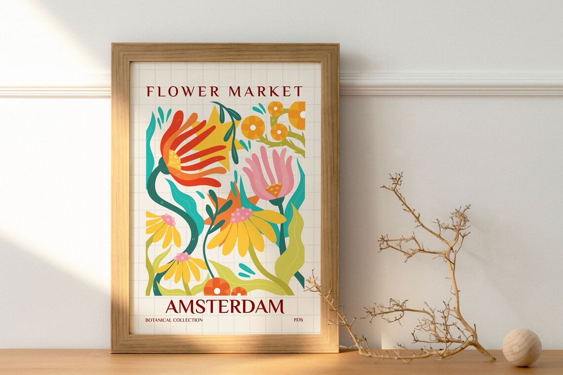 Amsterdam Flower Market 1976 Retro Tulip Daisy Botanical Poster