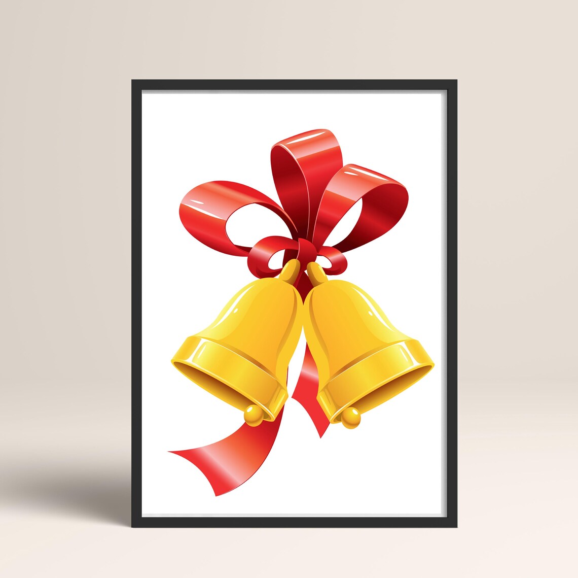 Golden Christmas Bells With Red Ribbon Bow Glossy Illustration Poster