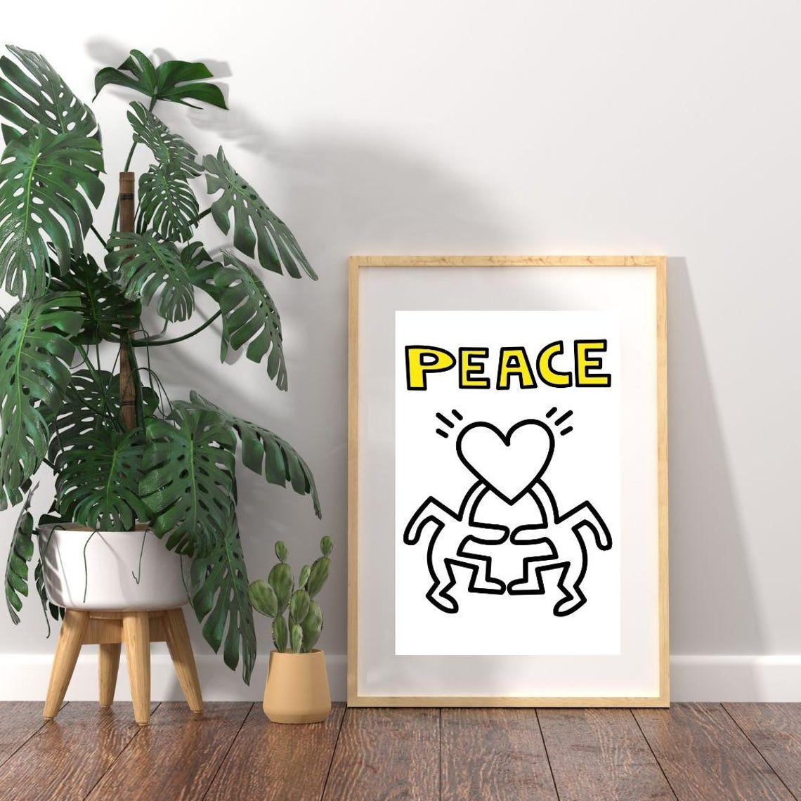 Keith Haring Style Peace Yellow Text Heart Uplifting Pop Art Poster