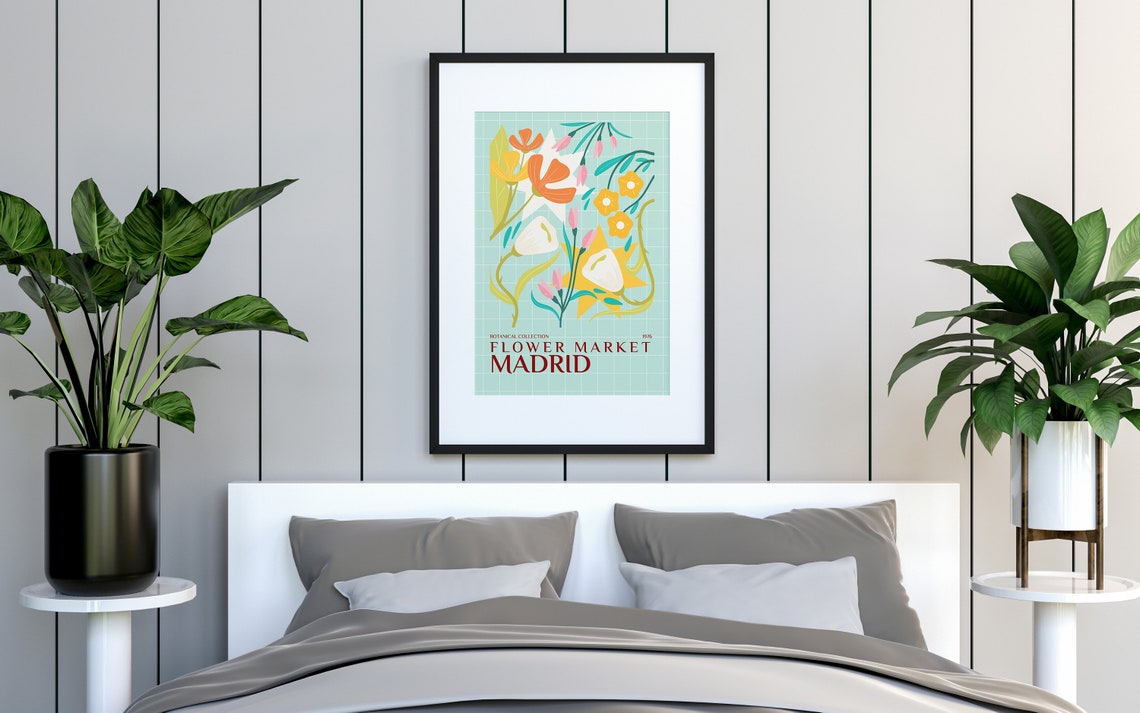 Madrid Flower Market 1976 Teal Grid Retro Floral Botanical Poster