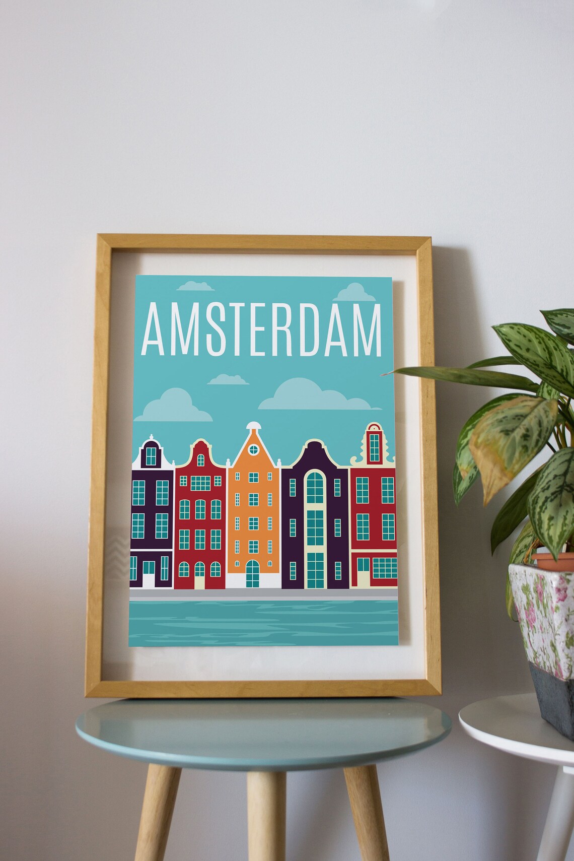 Amsterdam Canal Houses Colorful Retro Dutch Travel Scene Poster