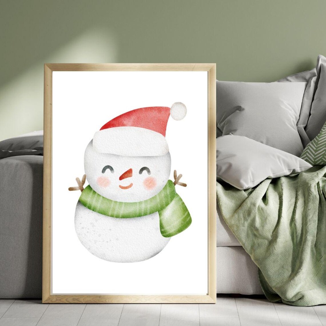 Cute Watercolor Snowman In Santa Hat And Green Scarf Christmas Poster - Image 3