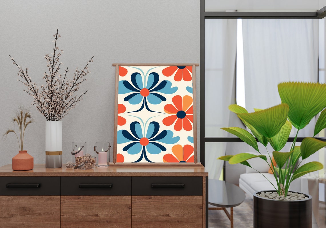 Retro Flower Pattern Blue Orange Mid Century Botanical Poster