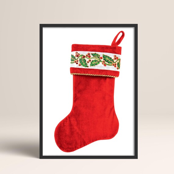 Classic Red Velvet Christmas Stocking With Holly Embroidered Cuff Print
