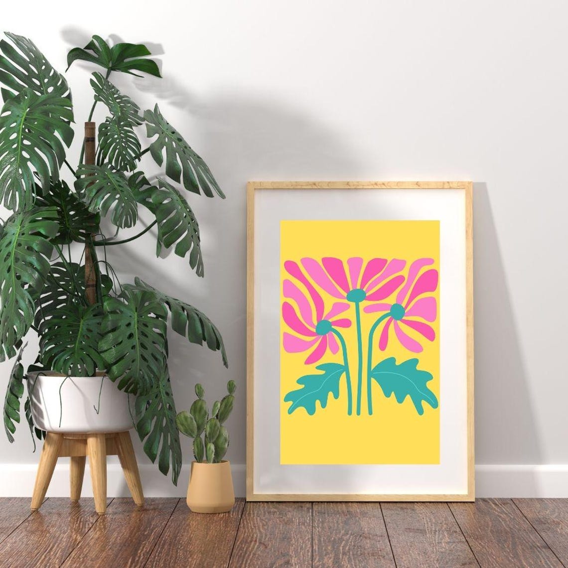 Three Pink Daisies Teal Stems Sunny Yellow Retro Floral Art Poster - Image 2