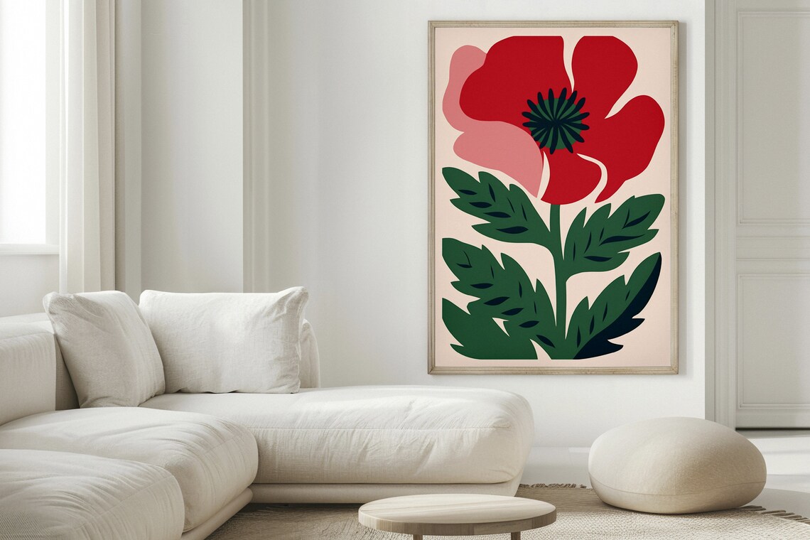 Big Red Poppy Flower Poster with Dark Green Leaves on Cream Art
