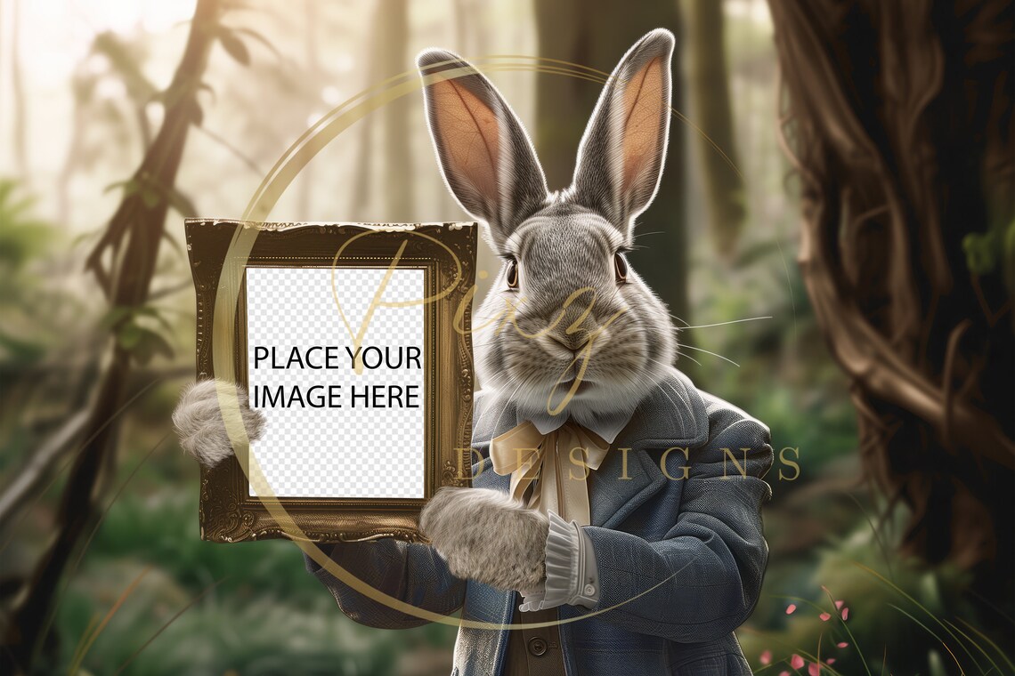 Easter Bunny Holding Photo Frame, Poster Print