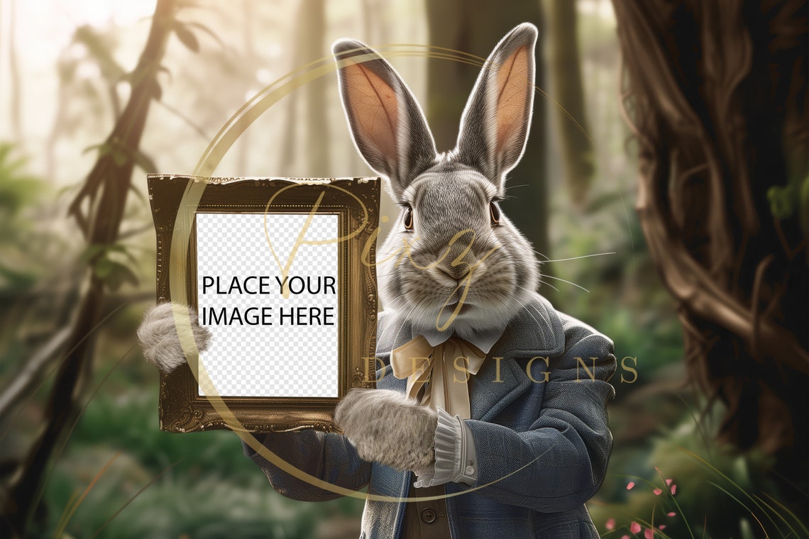 Easter Bunny In Suit Holding Picture Frame Forest Backdrop Poster