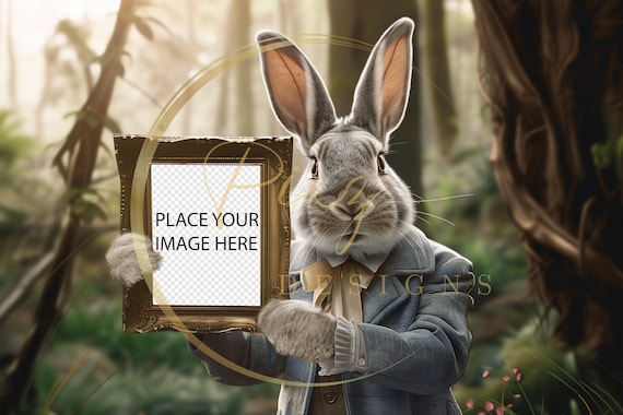 Easter Bunny In Suit Holding Picture Frame Forest Backdrop Poster