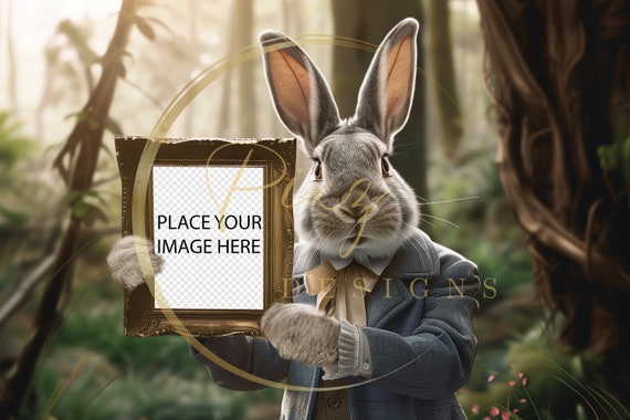 Easter Bunny Holding Photo Frame, Poster Print