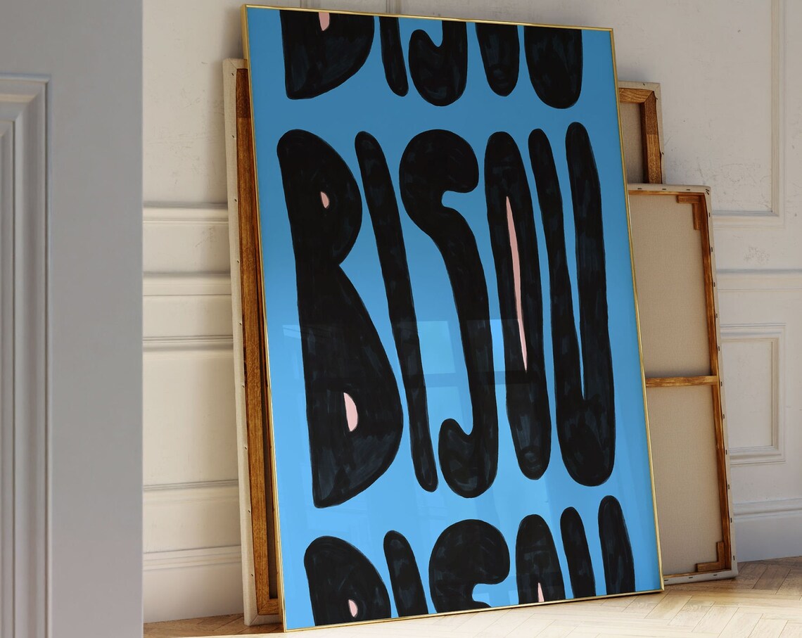 Bisou Retro Bold Black Lettering Blue French Kiss Wall Poster
