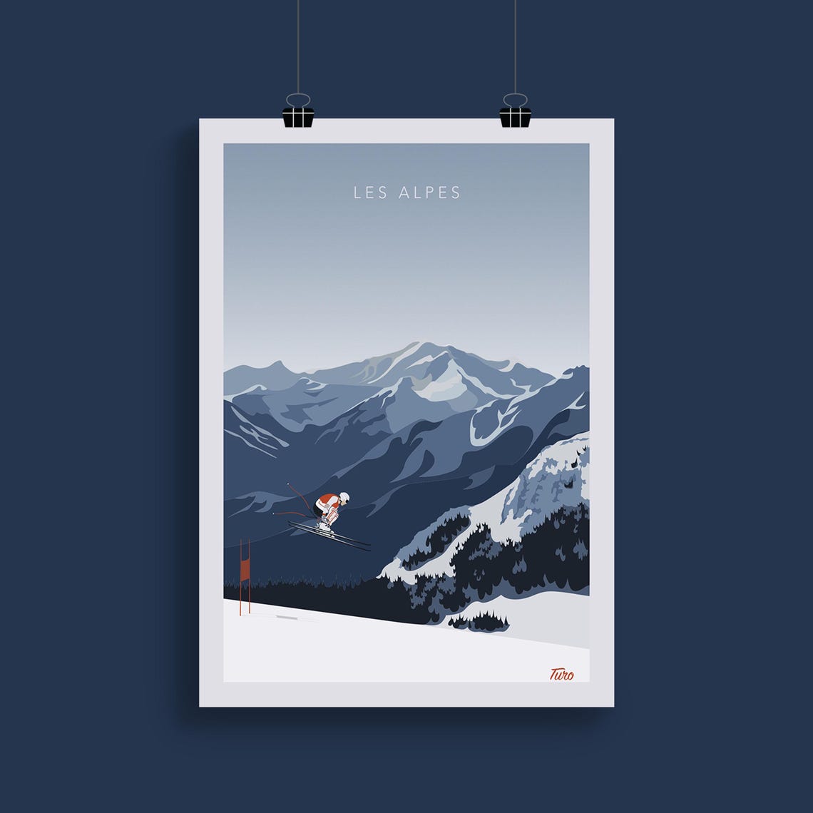Les Alpes Ski Jumper Mid Flight Blue Peaks Retro Sport Travel Poster - Image 2
