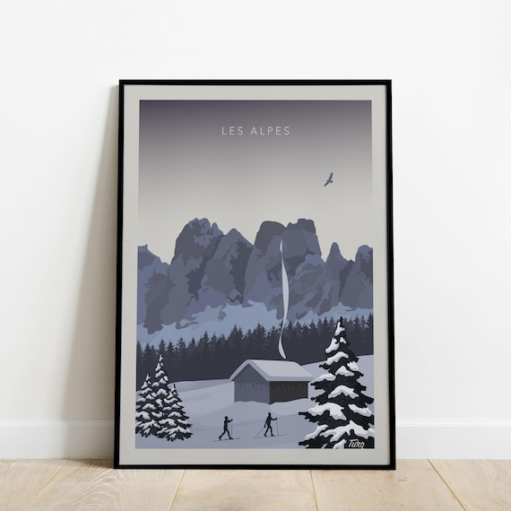 Les Alpes Cross Country Skiers Cabin Grey Peaks Retro Travel Poster