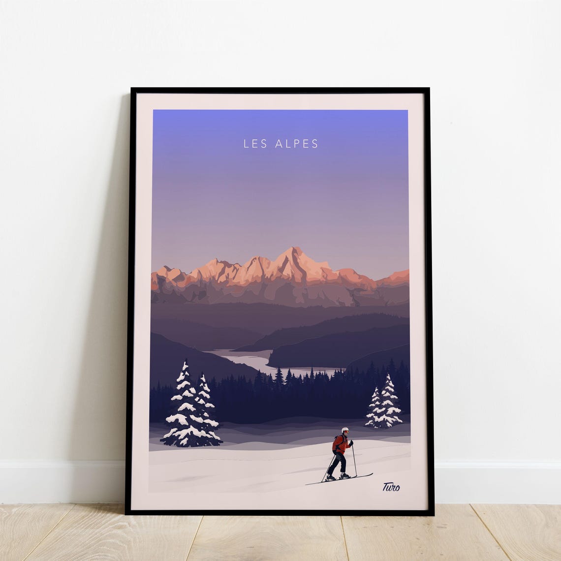 Les Alpes Alpenglow Skier Sunrise Snowy Pines Retro Ski Poster