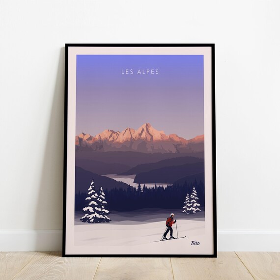 Les Alpes Alpenglow Skier Sunrise Snowy Pines Retro Ski Poster