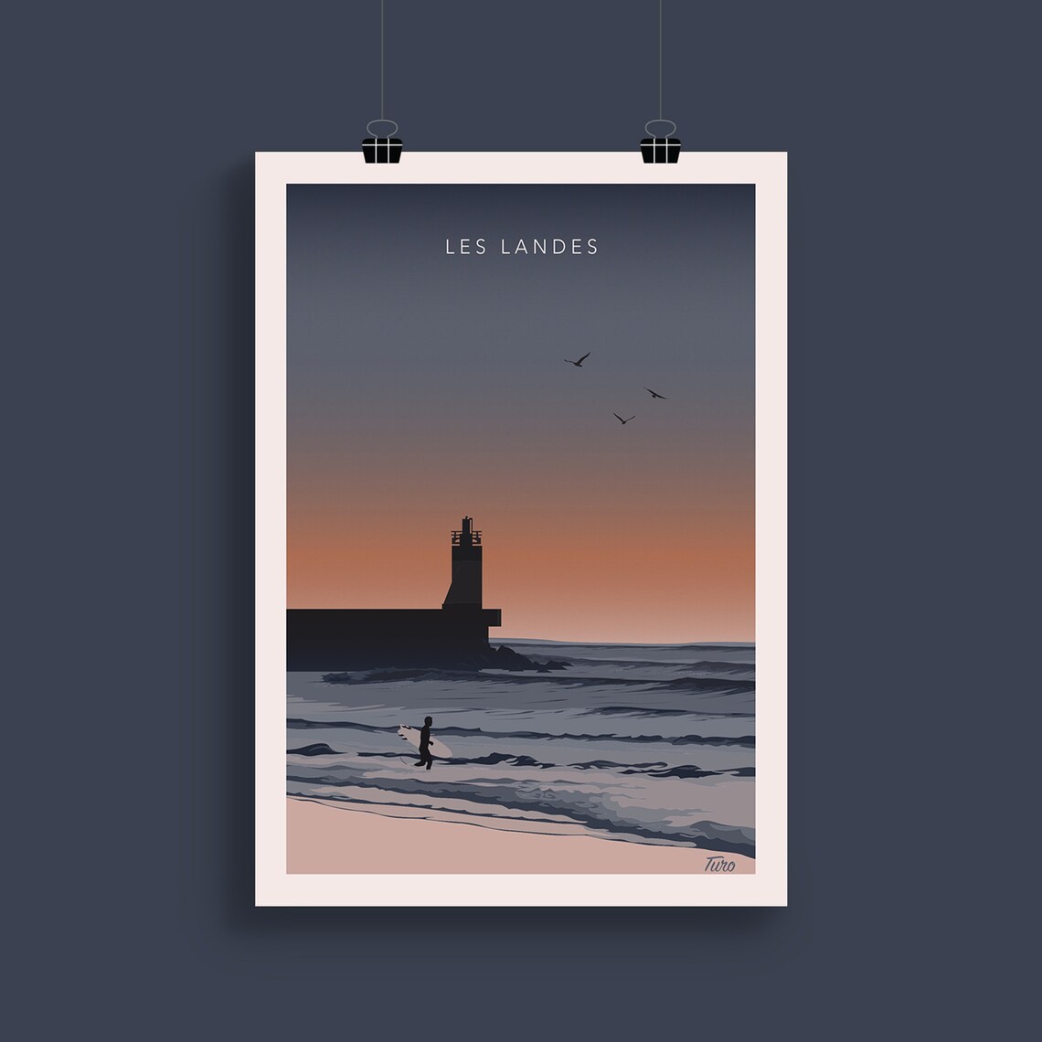 Les Landes Surfer Sunset Lighthouse France Surf Vintage Travel Poster - Image 2