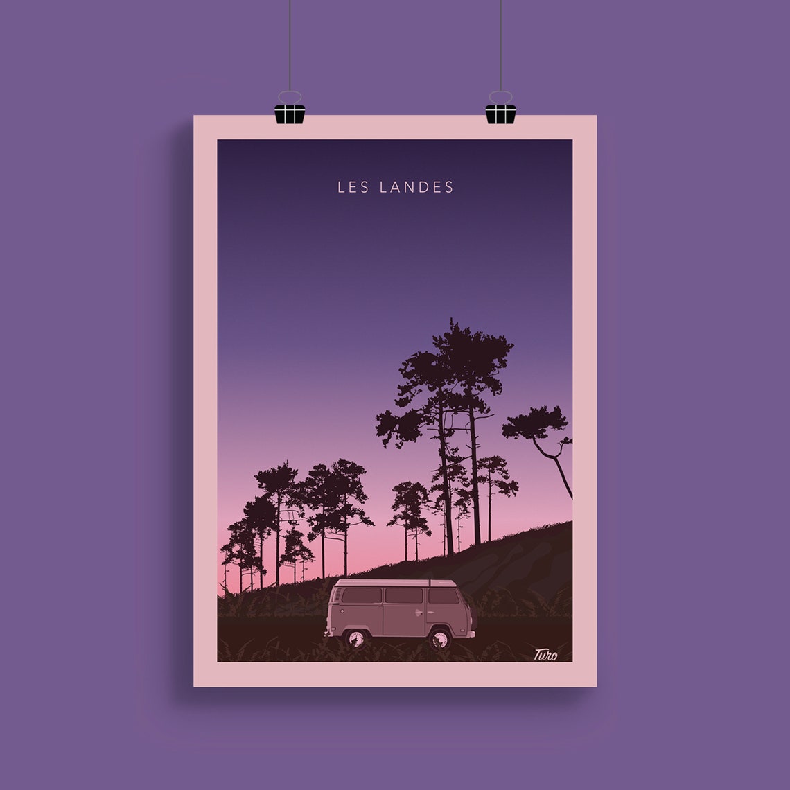 Les Landes Camper Van Pine Forest Dusk Retro Van Life Travel Poster - Image 2