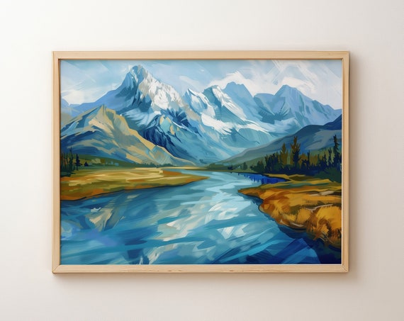 Mountain River Landscape Art Print Alberta Scenery