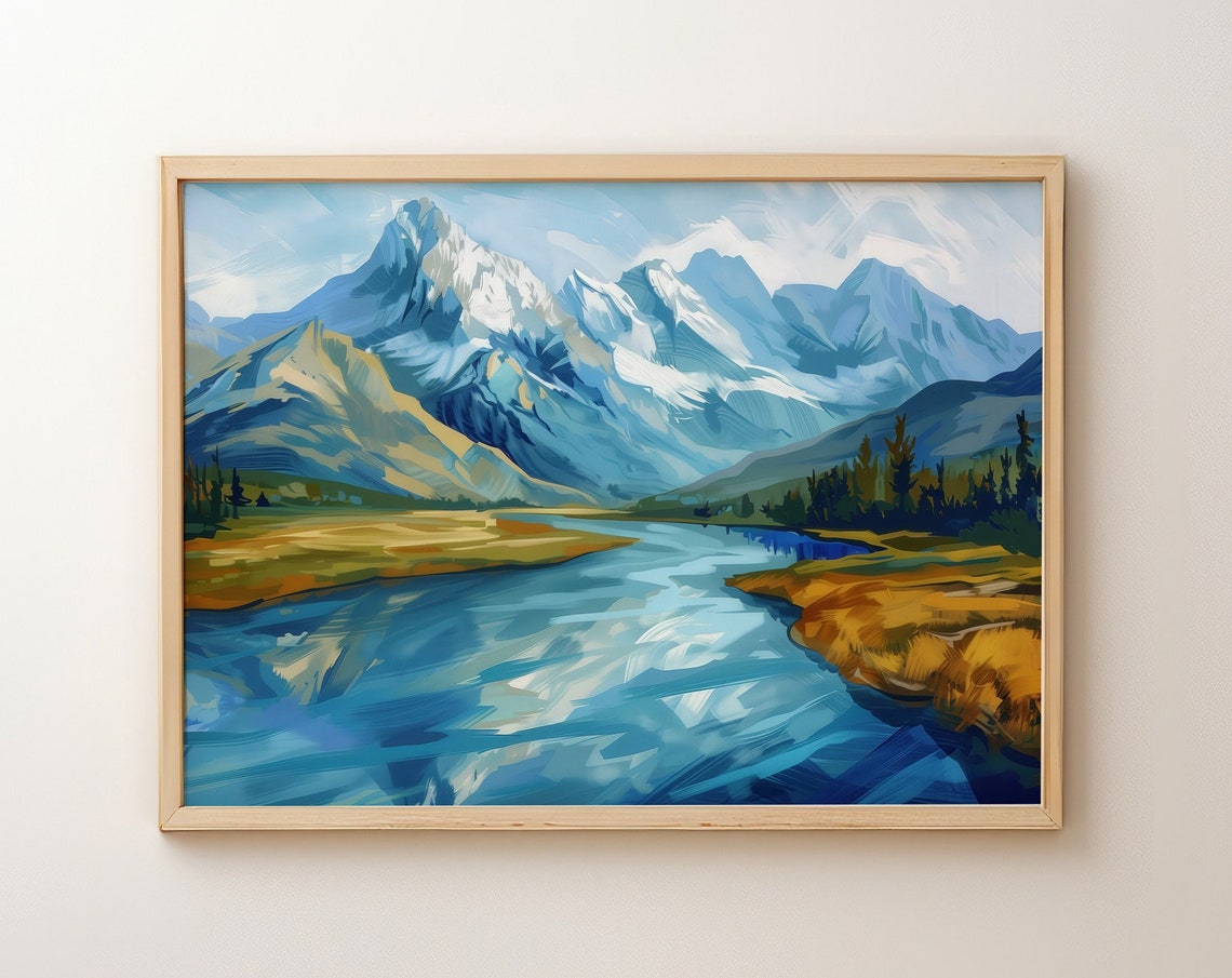 Blue Mountain Lake River Landscape Painterly Wall Art Decor Gift
