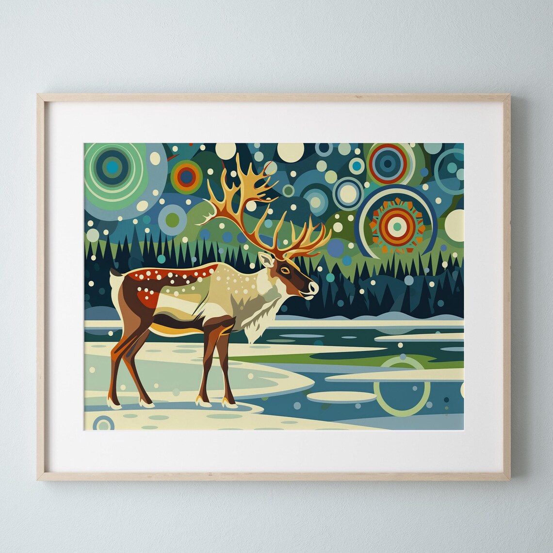 Winter Reindeer Art Print, Colorful Abstract Illustration