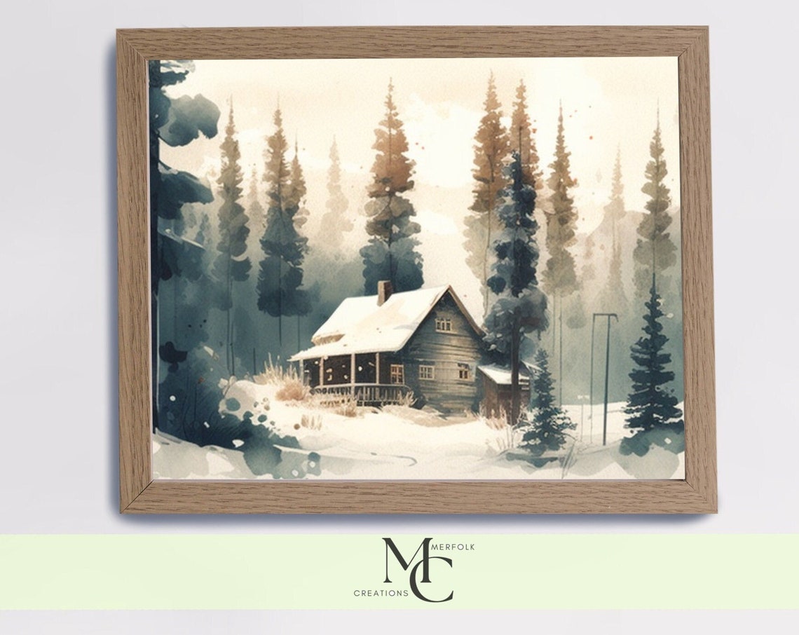 Snowy Cabin in a Pine Forest Winter Landscape Watercolor Poster