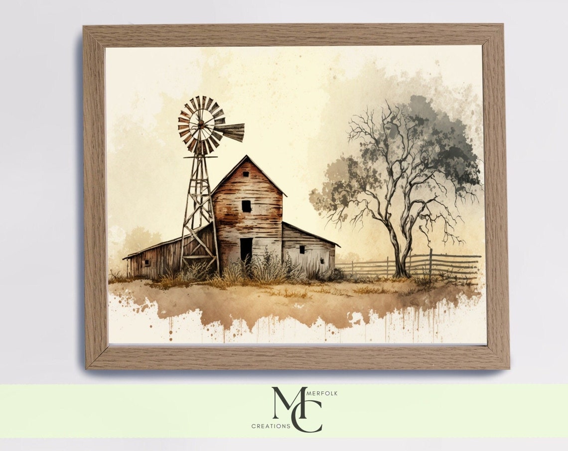 Rustic Barn with Old Windmill Sepia Watercolor Farm Landscape Poster