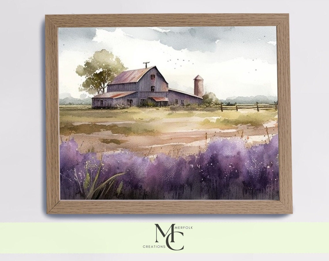 Rustic Barn with Lavender Field Watercolor Farmhouse Landscape Poster