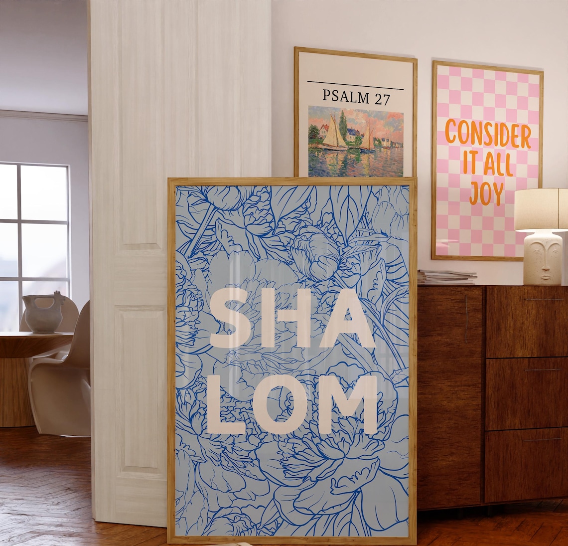 Shalom White Lettering Blue Peony Floral Line Art Christian Poster - Image 2