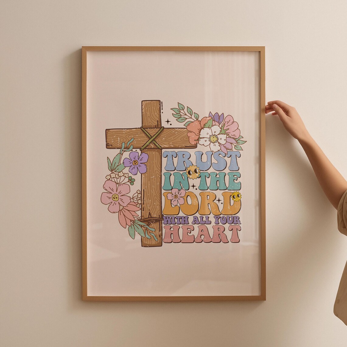 Trust in the Lord With All Your Heart Floral Cross Retro Poster - Image 3