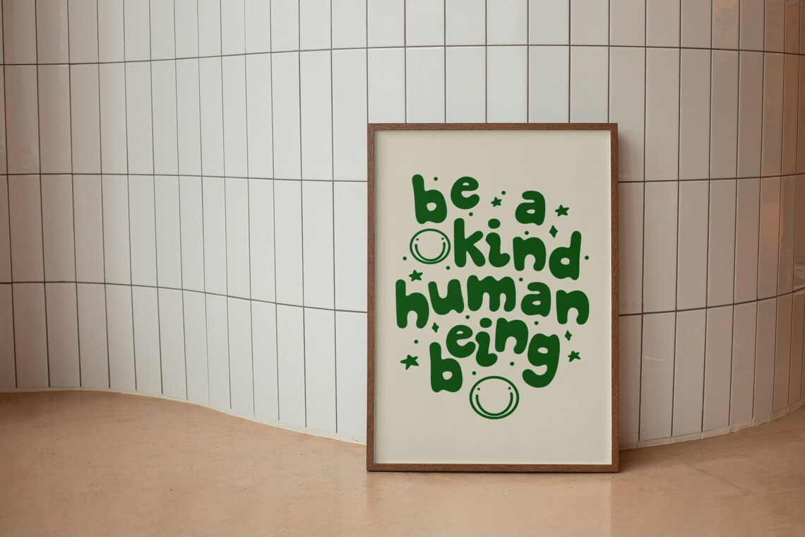 Be A Kind Human Being Green Retro Smiley Face Inspirational Poster - Image 2